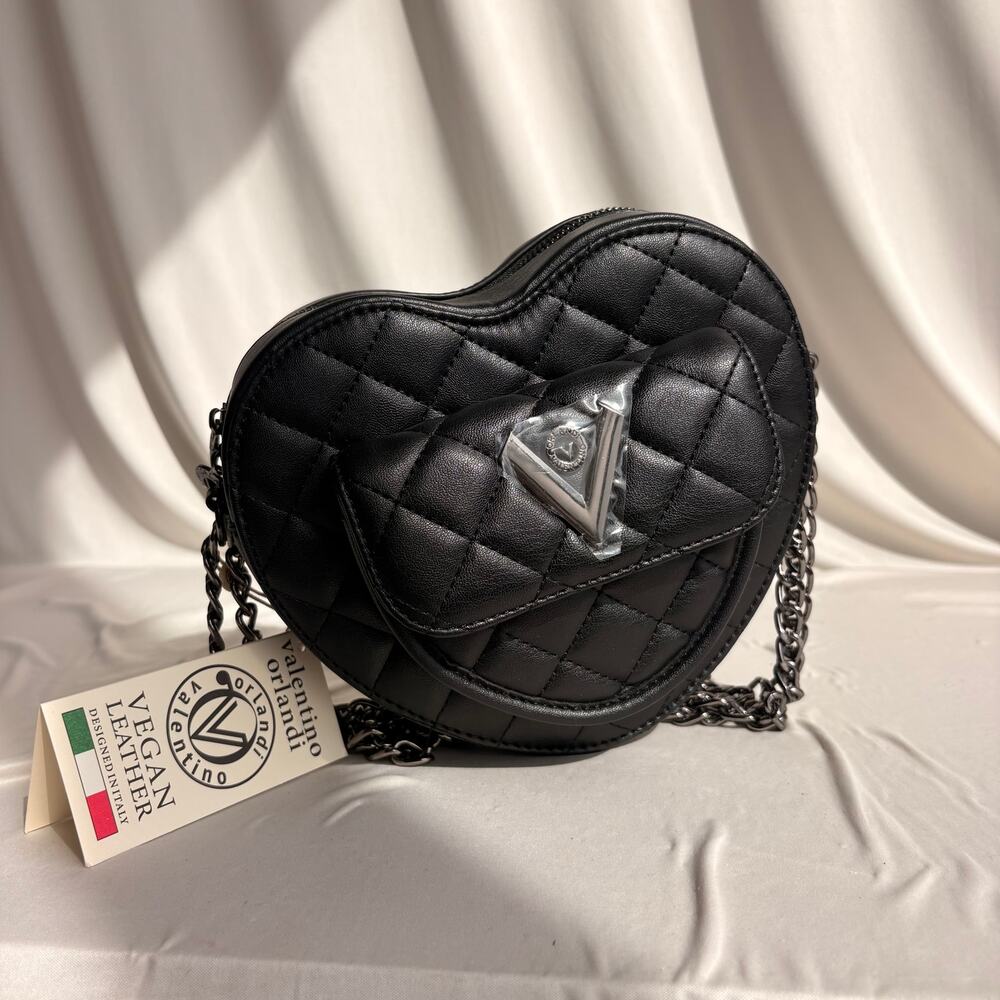 Valentino Orlandi Black Quilted Heart Crossbody Bag, NWT